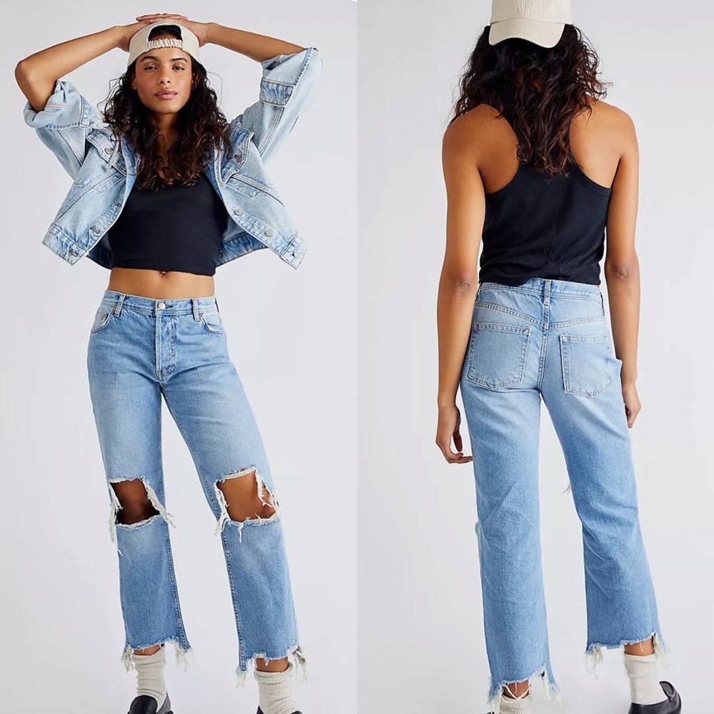 Free People Maggie Distressed Mid Rise Straight Leg Jeans